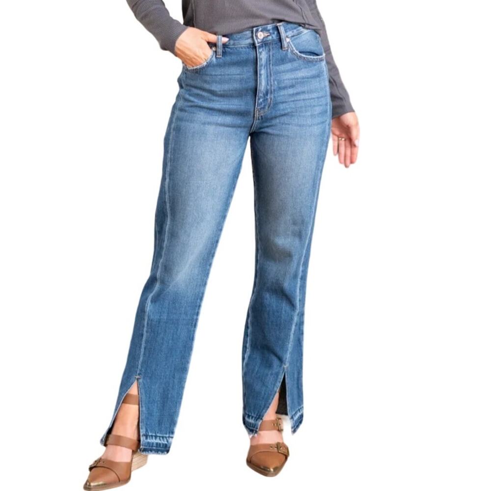 Kancan Medora High Rise 90s Slit Raw Hem Straight Leg‎ Jeans Medium Wash 13 30